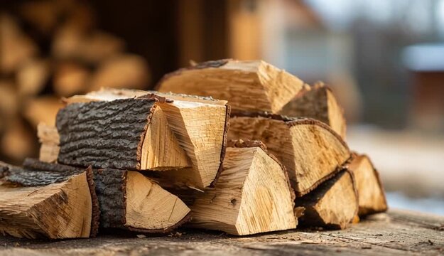 Pile of cut firewood outdoors, closeup view
