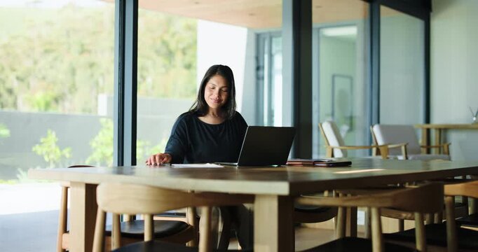 Business, woman and document with laptop in office for proofreading article and update draft. Person, pc and writing for editor feedback, review newsletter and manuscript information for publication