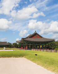 Gyeongju, South Korea, view of Donggung Palace and Wolji Pond in a sunny day, North Gyeongsang Province, Gyeongju city, Silla dinasty traditional Korean hanok architecture, Yeongnam region