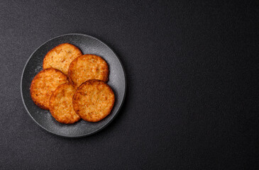 Potato hash browns, a cooked vegetable breakfast food. Potato hash brown
