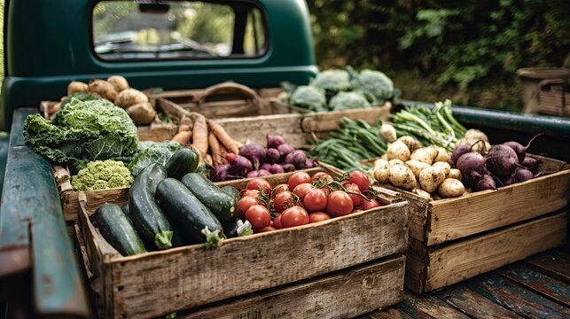 Fresh organic vegetables  zucchini, tomatoes, potatoes, beets, cabbage and more  arranged in rustic wooden crates on a green vintage pickup bed, farm to table delivery vibe