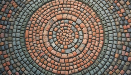Cobblestone radial mosaic. Circular pattern from stone. Round floor paving texture. Tile art design, construction material. Decorative pavement with blocks on sidewalk. Grey, red cobblestone in
