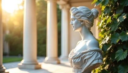 Marble bust stands near classical columns. Sunlight illuminates the art piece. Lush green leaves add contrast. Architecture and sculpture blend artfully outdoors.