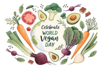 A vibrant illustration celebrating World Vegan Day with a colorful arrangement of fresh vegetables, promoting healthy and plant-based lifestyles.