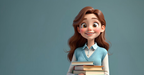 Smiling cartoon girl holds stack of books. This happy student is ready for school. Digital illustration of young female character with learning materials.