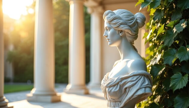 Marble bust stands near classical columns. Sunlight illuminates the art piece. Lush green leaves add contrast. Architecture and sculpture blend artfully outdoors.