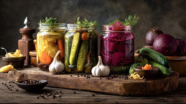 Various colorful pickled vegetables including cucumbers, beets, and cauliflower showcasing the traditional process of fermentation and home canning for food preservation