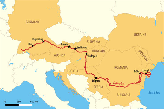 Vector Map of the Danube River Course from Source to the Black Sea with Countries and Major Cities