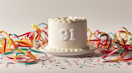 A white birthday cake with a '91' topper, surrounded by colorful streamers and confetti, celebrating a special occasion.