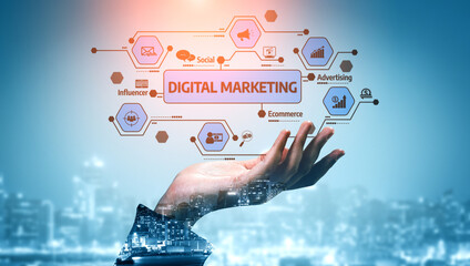 A conceptual image representing digital marketing strategies, showcasing a hand reaching out to...
