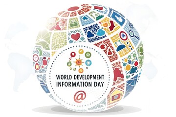 A vibrant globe composed of numerous small icons representing global development, information, and connection, celebrating World Development Information Day.