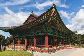 Gyeongju, South Korea, view of Donggung Palace and Wolji Pond in a sunny day, North Gyeongsang Province, Gyeongju city, Silla dinasty traditional Korean hanok architecture, Yeongnam region