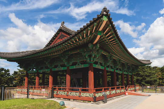Gyeongju, South Korea, view of Donggung Palace and Wolji Pond in a sunny day, North Gyeongsang Province, Gyeongju city, Silla dinasty traditional Korean hanok architecture, Yeongnam region