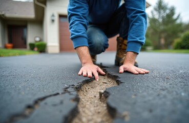 Man inspecting asphalt driveway crack. He is wearing blue long sleeve shirt and work boots. Driveway shows damage needing repair. House is in background. Renovation work needed on real property.