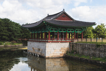 Gyeongju, South Korea, view of Donggung Palace and Wolji Pond in a sunny day, North Gyeongsang Province, Gyeongju city, Silla dinasty traditional Korean hanok architecture, Yeongnam region