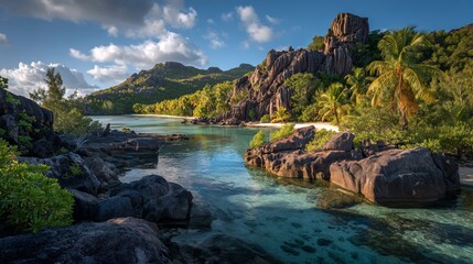Tropical paradise scene rocky beach, turquoise water, lush foliage, blue sky