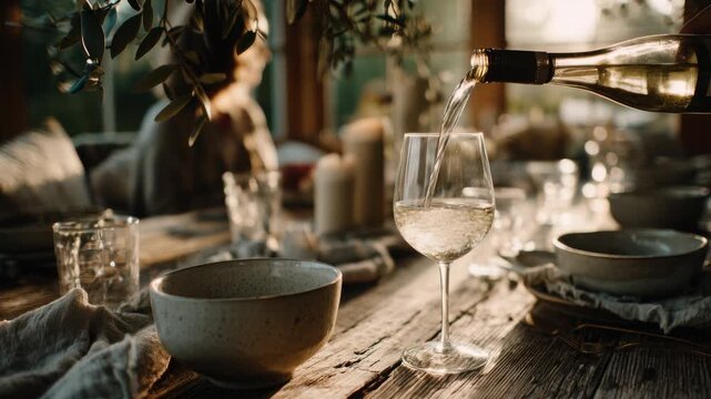 Warm sunlight illuminates a beautifully set rustic table as white wine is poured from a bottle into a crystal glass, capturing a moment of celebration and conviviality during a dinner party