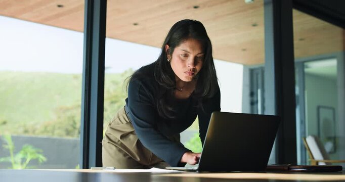 Business, woman and reading with laptop in office for proofreading article and update draft. Person, pc and document for editor feedback, review newsletter and manuscript information for publication