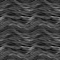 Hand drawn seamless black and white pattern with abstract wavy lines like a child's drawing, waves textile texture and tile motif, mixed media design for fabric, wallpaper, wrapping paper, fashion