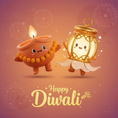 3D Cartoon Style Diya and Lantern for Happy Diwali
