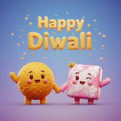 Happy Diwali 3D Illustration with Indian Sweets and Diyas