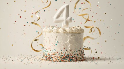 A festive birthday cake featuring a white appearance with colorful sprinkles, celebrating a child's 4th birthday.