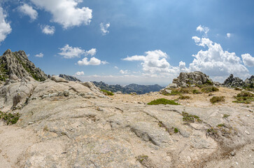 Landscape in La Pedriza, a large granite batholith in the Guadarrama Mountains, Spain; fisheye view