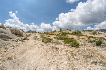 Landscape in La Pedriza, a large granite batholith in the Guadarrama Mountains, Spain; fisheye view