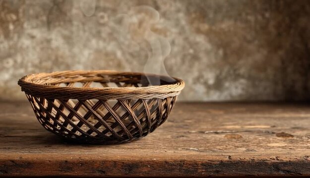 old basket on a brown vintage table.
