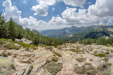 Landscape in La Pedriza, a large granite batholith in the Guadarrama Mountains, Spain; fisheye view