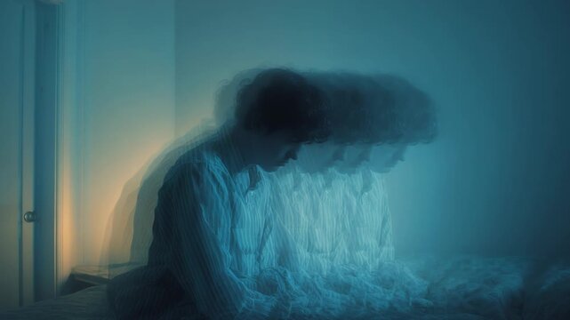 double exposure of a video of a man in a bedroom facing mental health fears and haunting thoughts