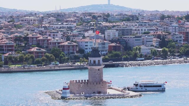 Panoramic view of Maiden's Leandros Tower in Bosphorus. Top view shot handheld, Istanbul, Turkey. High quality 4k footage