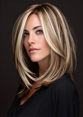 Fototapeta premium A confident woman with voluminous shoulder-length layered hair, featuring bold chunky blonde and caramel highlights over a dark brown base, wearing a black top, natural makeup, dramatic lighting 