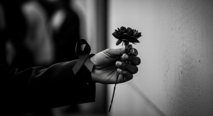 Black rose held by a dark skinned hand wearing a black awareness ribbon. Symbol of remembrance, justice, and pride, representing African heritage and Black Consciousness Day. Respectful gesture.