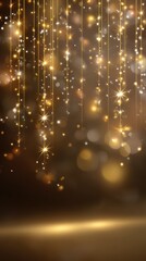 Obraz premium Golden sparkling light curtains with shimmering glitter falling down in a warm gradient brown background with soft glowing circles and a bright reflective surface below.