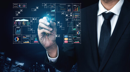 A big data visualization and business analytics dashboard grid. A complex collection of charts and graphs for comprehensive company reporting. Motif