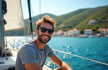 Smiling man wears sunglasses on sailboat. He enjoys summer vacation on Adriatic sea. Scenic view includes coastline, blue water, mountain. Happy guy relaxes during leisure at seaside.