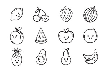 Fruits funny characters with a smile doodle hand drawn icon set. Different variable fruits happy smiling drawing clipart outline element.