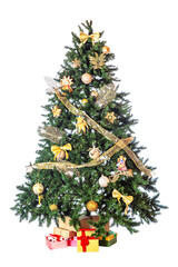 Decorated Christmas tree with presents isolated on white background. Home interior with decorated Christmas tree and gift boxes under it for the New Year celebration