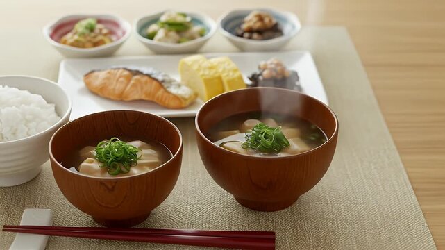 A  shot captures a delicious traditional breakfast spread, featuring various small bowls with side dishes, cooked rice in a white bowl, a salmon fillet, an omelet, and two bowls of miso soup with...