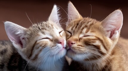 Two cats are sleeping together and one of them is licking the other. Scene is peaceful and loving