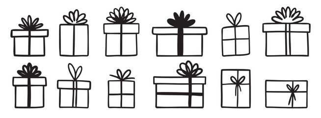 gift box doodle. Gift doodle bow present with ribbon illustration. Present hand drawn icon decorative outline element