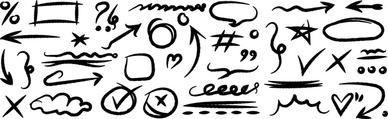Hand-Drawn Brush Stroke Vector Elements Set. Doodle arrows, circles, crosses, checkmarks, and abstract organic shapes for annotations, emphasis, and graphic design projects.