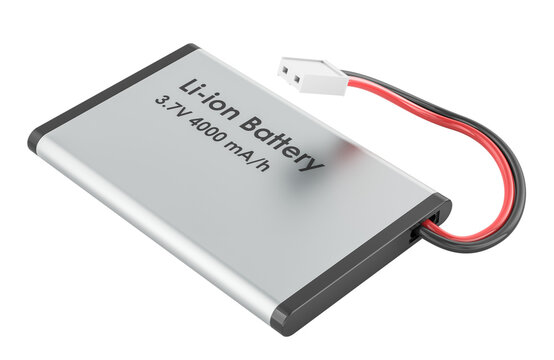 Flat lithium ion battery cell with 3.7V 4000mAh label, with red and black wires and connector. 3D rendering