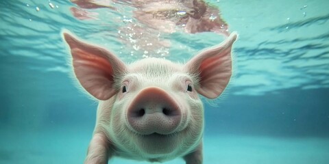 A Playful Pig joyously Swimming Underwater in a vibrant and colorful aquatic environment