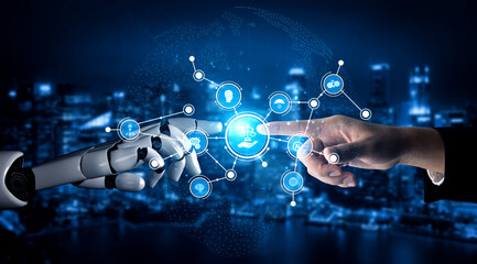 A stunning visual representation of a human hand reaching out to a robotic hand, symbolizing the intersection of technology and human interaction in a modern cityscape. Tessel