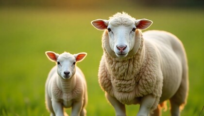 Obraz premium Sheep and Lamb Standing Together in a Green Pasture, with Soft Natural Sunlight and Shallow Depth of Field