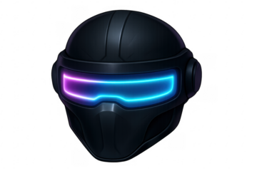 Cyberpunk helmet with glowing neon visor on transparent background