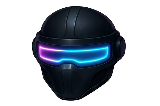 Cyberpunk helmet with glowing neon visor on transparent background