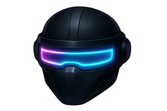 Cyberpunk helmet with glowing neon visor on transparent background